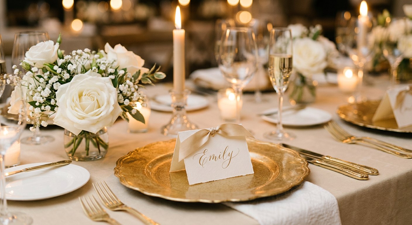 Ivory place card on a gold charger with white roses and candlelight