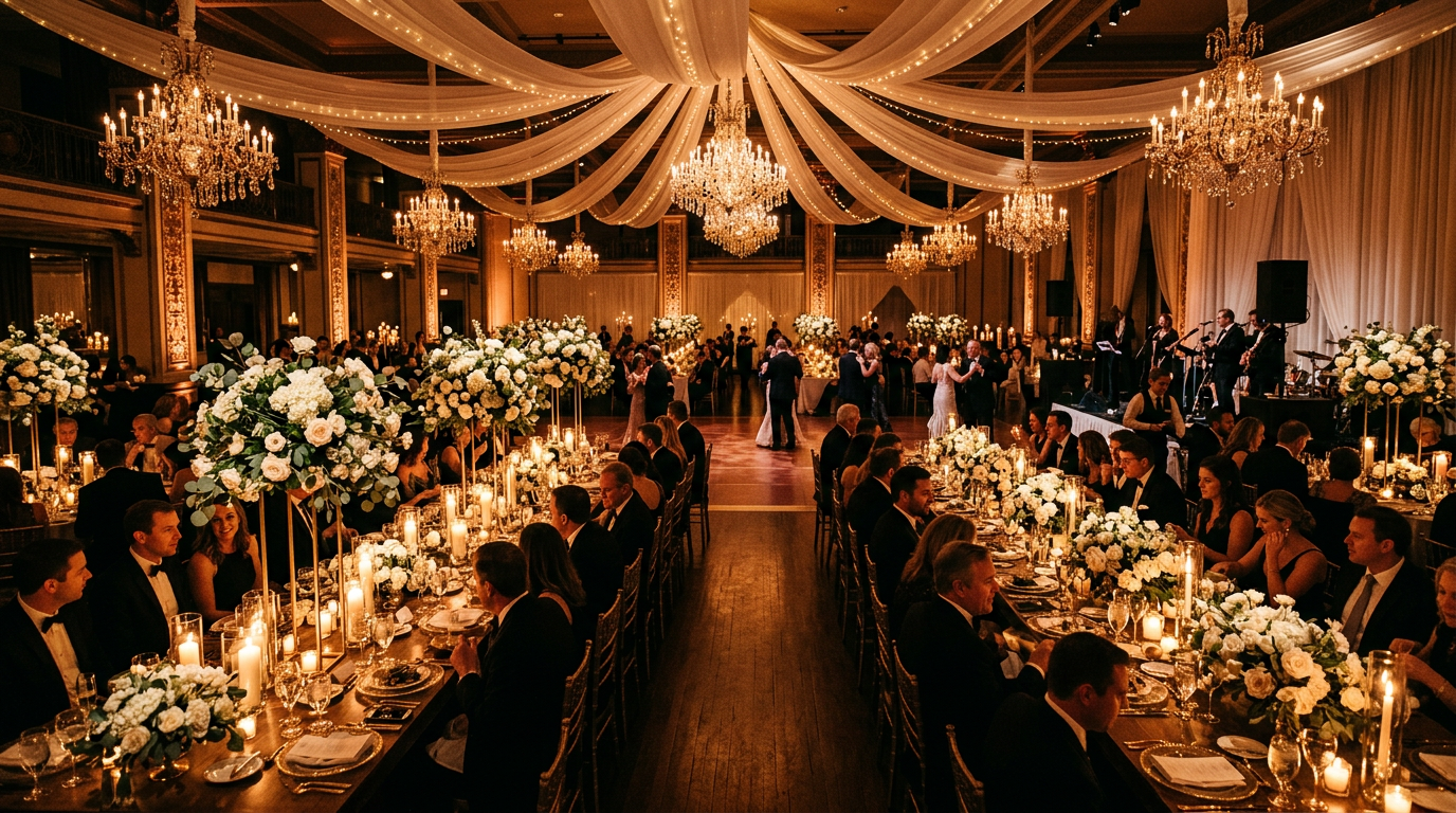 Candlelit ballroom wedding reception with ivory florals