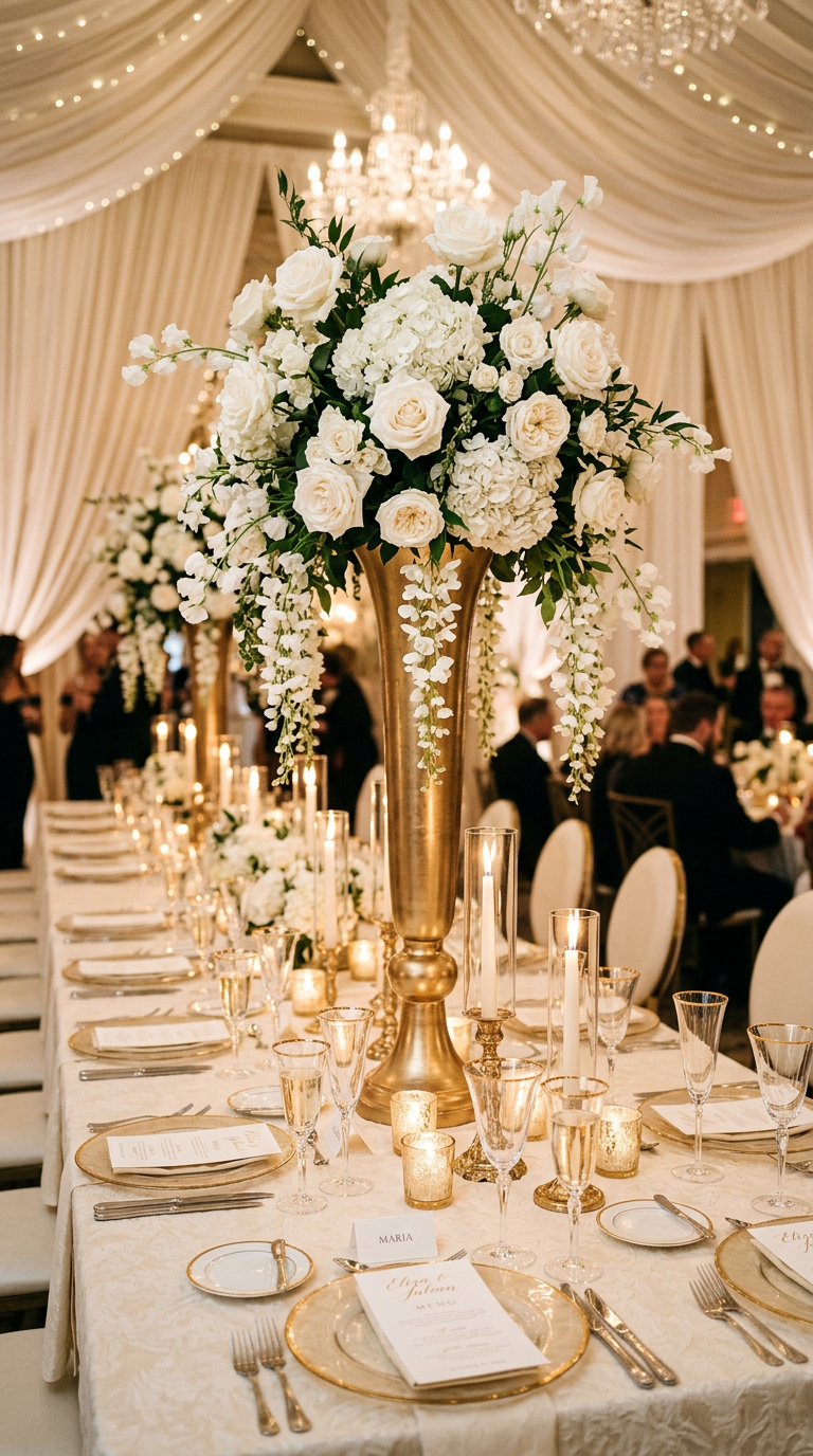 Luxury wedding reception with a tall gold vase of ivory roses, candles and gold-rimmed table settings