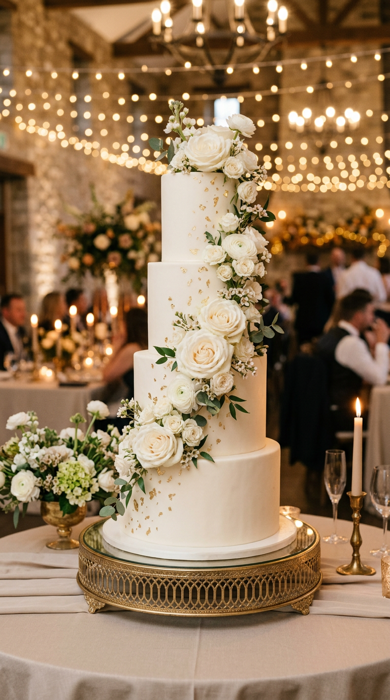 Four-tier ivory wedding cake with gold leaf and white roses