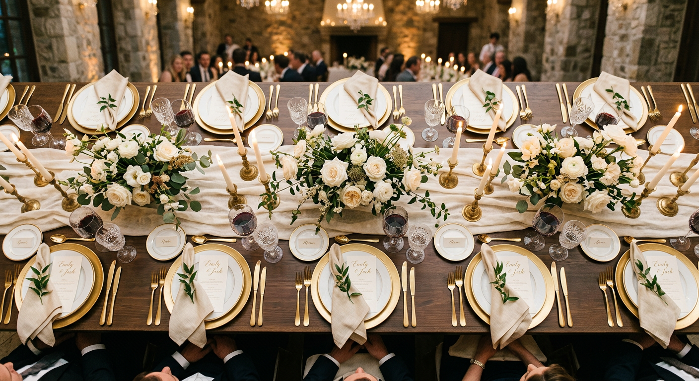 Tablescape with white roses and taper candles